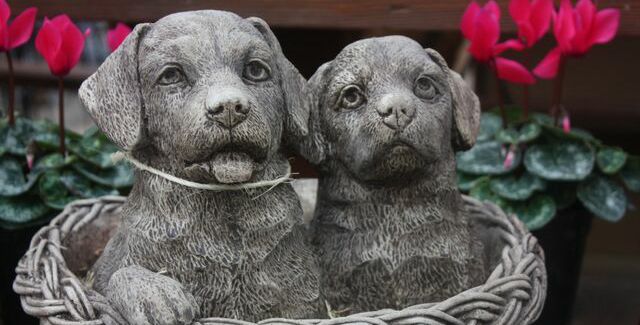 A statue of two puppies in a basket, the perfect addition to your garden statuary collection.